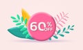 3d Sale banner. 60 percent price off label or icon with leaves. Discount badge or price tag.